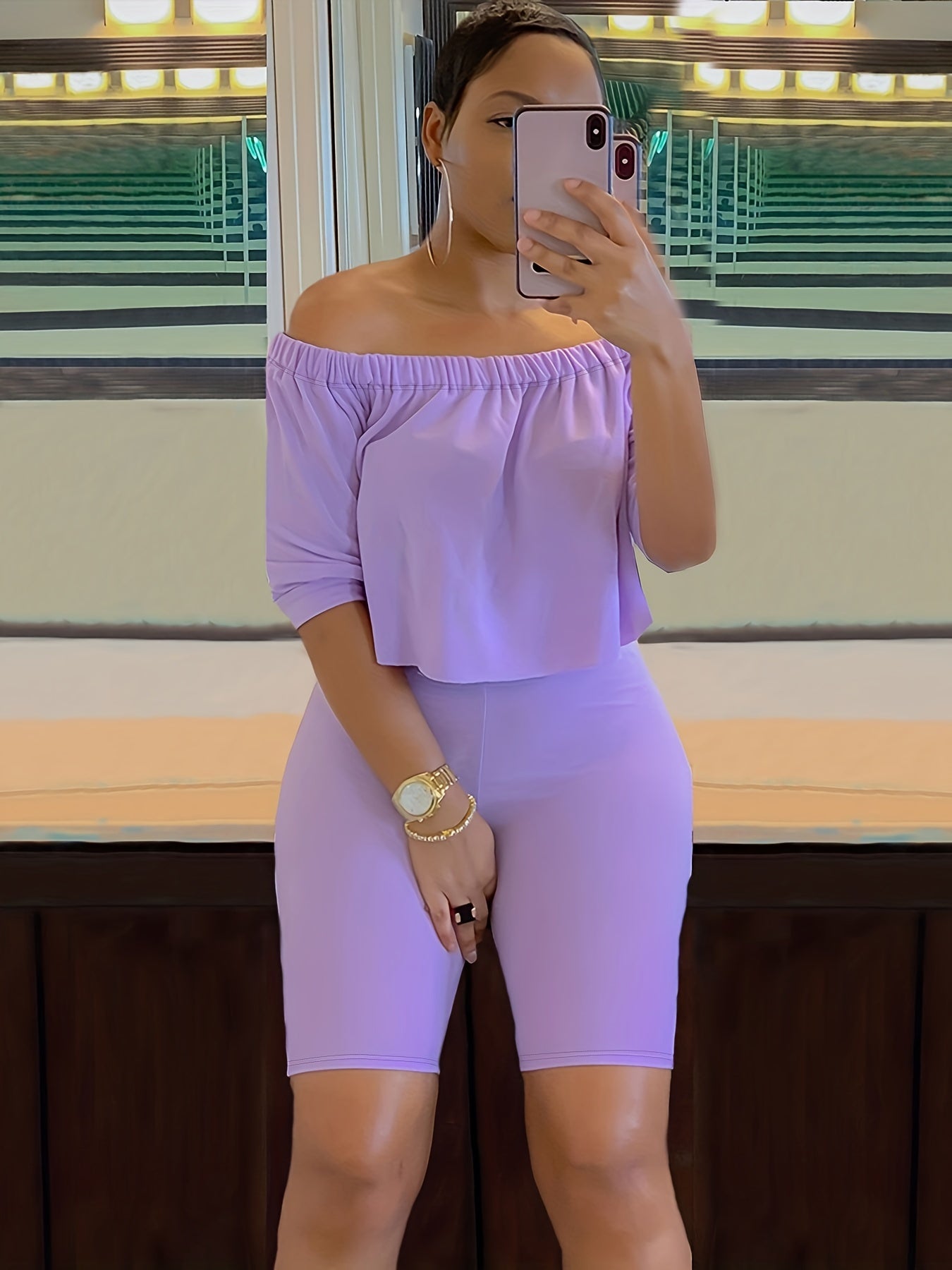 Sexy Solid Fashion Pantsuits Two-piece Set, Off Shoulder Short Sleeve Tops & Slim Shorts Set - Women's Clothing - For Women - Perfect for Parties & Night Out - Ideal Gift for Her